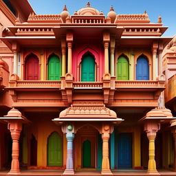 Generate an image of an Indian house exterior showcasing vibrant colors on the walls. Include intricate patterns and unique architectural elements specific to Indian culture.