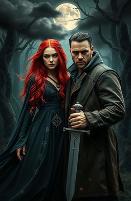 A dramatic scene depicting a blood witch and a witch hunter in a mystical forest