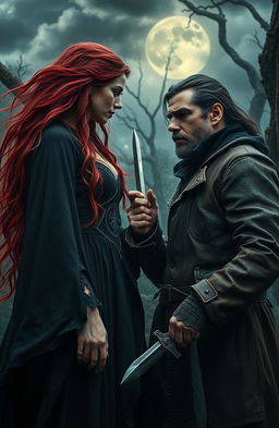 A dramatic scene depicting a blood witch and a witch hunter in a mystical forest