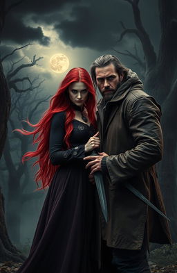 A dramatic scene depicting a blood witch and a witch hunter in a mystical forest