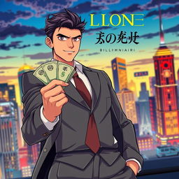 A dynamic book cover featuring a charismatic male billionaire character with an assertive expression, holding a stack of cash in one hand