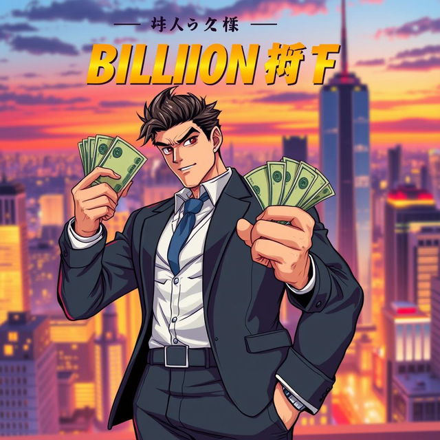 A dynamic book cover featuring a charismatic male billionaire character with an assertive expression, holding a stack of cash in one hand