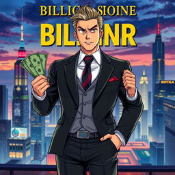 A dynamic book cover featuring a charismatic male billionaire character with an assertive expression, holding a stack of cash in one hand