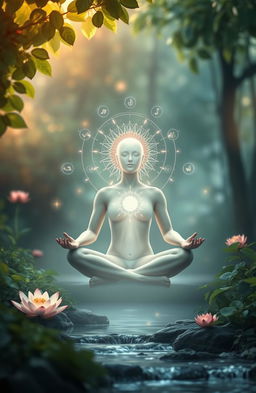 An artistic depiction of self-healing and inner peace, featuring a serene figure sitting cross-legged in a tranquil environment
