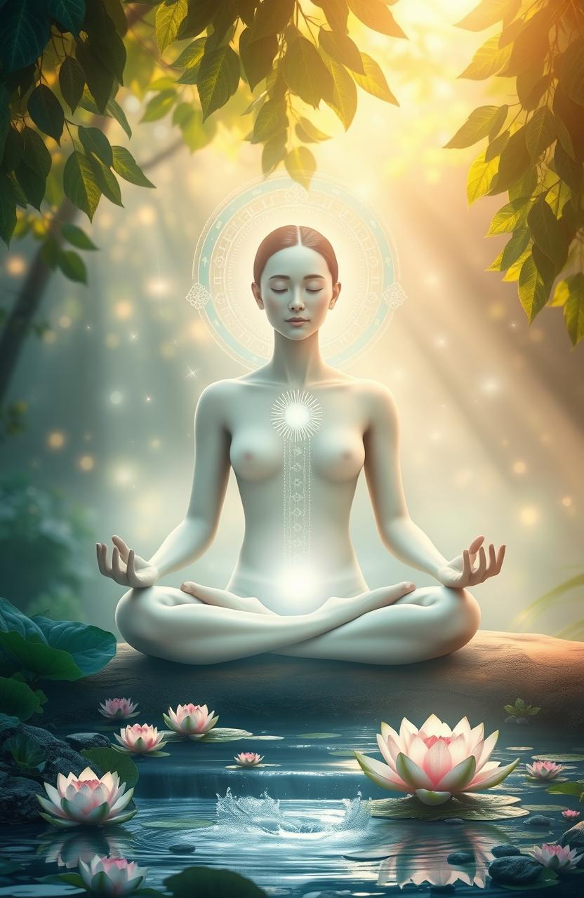 An artistic depiction of self-healing and inner peace, featuring a serene figure sitting cross-legged in a tranquil environment