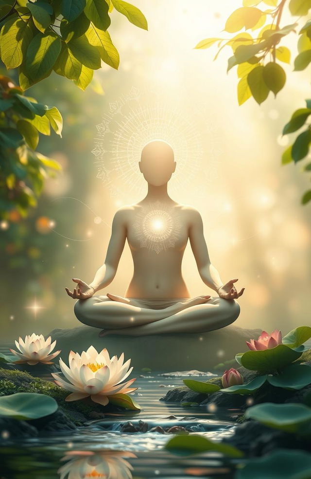 An artistic depiction of self-healing and inner peace, featuring a serene figure sitting cross-legged in a tranquil environment