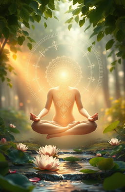 An artistic depiction of self-healing and inner peace, featuring a serene figure sitting cross-legged in a tranquil environment