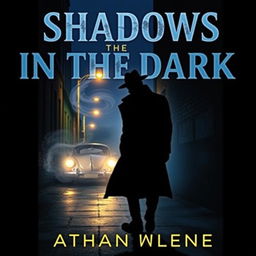 A dramatic crime novel book cover featuring a shadowy figure in a fedora and trench coat walking in an alley at night, with dim streetlights illuminating the wet pavement