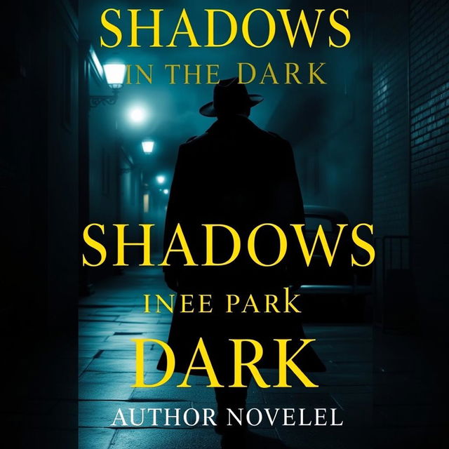 A dramatic crime novel book cover featuring a shadowy figure in a fedora and trench coat walking in an alley at night, with dim streetlights illuminating the wet pavement