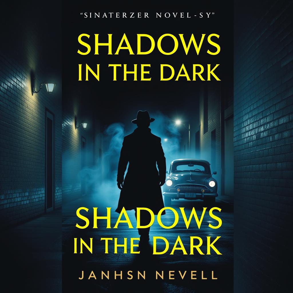 A dramatic crime novel book cover featuring a shadowy figure in a fedora and trench coat walking in an alley at night, with dim streetlights illuminating the wet pavement