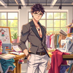A stylish male fashion designer with a keen sense of fashion, showcasing his unique clothing collection