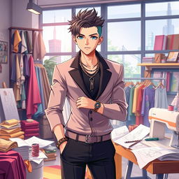 A stylish male fashion designer with a keen sense of fashion, showcasing his unique clothing collection