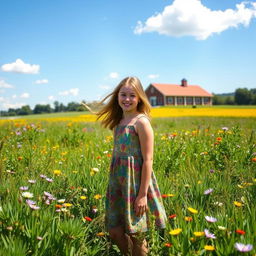 A teenage girl standing in a picturesque prairie surrounded by vibrant green plants and wildflowers