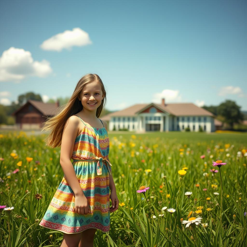 A teenage girl standing in a picturesque prairie surrounded by vibrant green plants and wildflowers