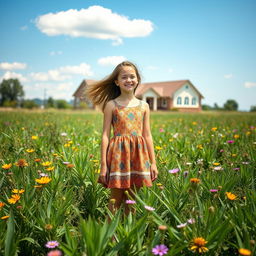 A teenage girl standing in a picturesque prairie surrounded by vibrant green plants and wildflowers