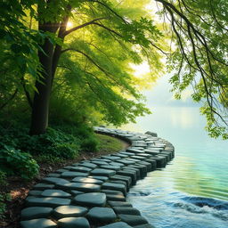 A serene and peaceful scene representing inner healing, with lush green foliage, soft sunlight filtering through trees, and a tranquil body of water reflecting nature's beauty