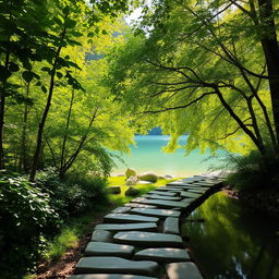 A serene and peaceful scene representing inner healing, with lush green foliage, soft sunlight filtering through trees, and a tranquil body of water reflecting nature's beauty