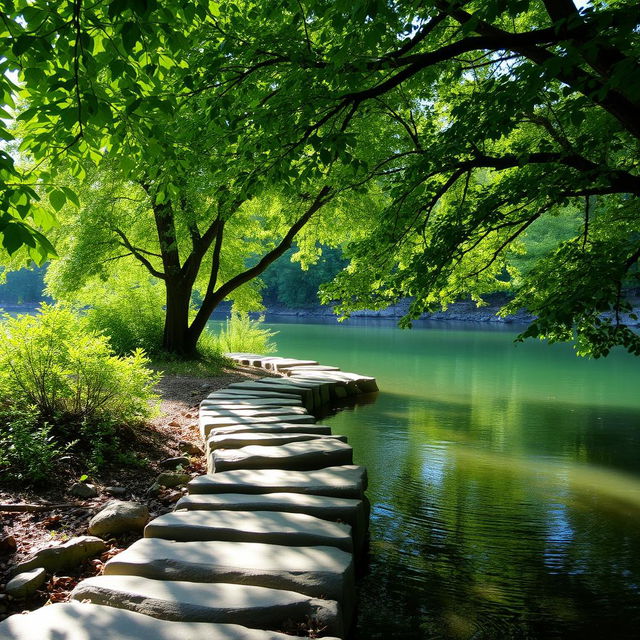A serene and peaceful scene representing inner healing, with lush green foliage, soft sunlight filtering through trees, and a tranquil body of water reflecting nature's beauty