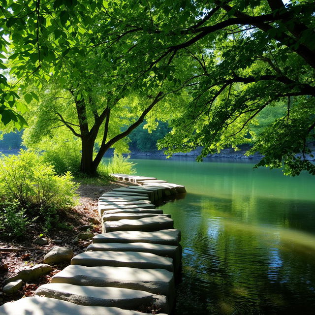 A serene and peaceful scene representing inner healing, with lush green foliage, soft sunlight filtering through trees, and a tranquil body of water reflecting nature's beauty