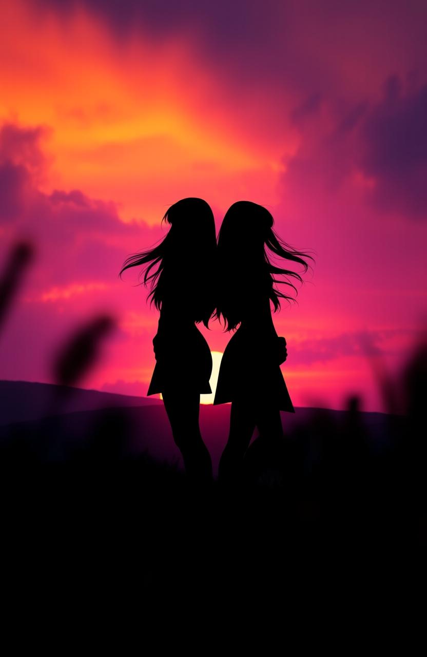 A captivating scene from 'The Hidden Truths' by Grace Key and Sophia Kienow, featuring dramatic silhouettes of two female figures standing back to back, with a vibrant sunset in the background