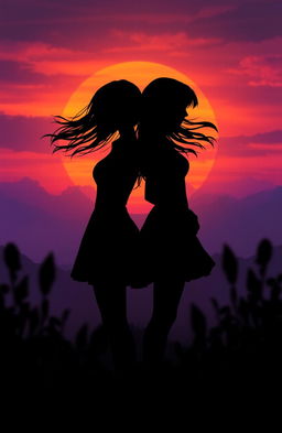 A captivating scene from 'The Hidden Truths' by Grace Key and Sophia Kienow, featuring dramatic silhouettes of two female figures standing back to back, with a vibrant sunset in the background