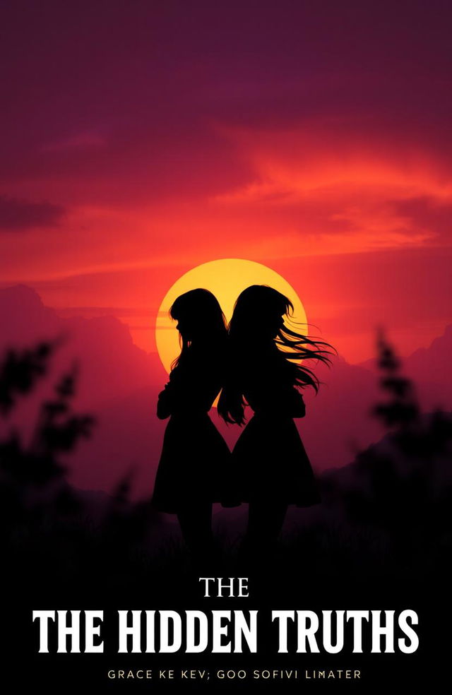 A captivating scene from 'The Hidden Truths' by Grace Key and Sophia Kienow, featuring dramatic silhouettes of two female figures standing back to back, with a vibrant sunset in the background