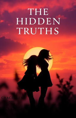 A captivating scene from 'The Hidden Truths' by Grace Key and Sophia Kienow, featuring dramatic silhouettes of two female figures standing back to back, with a vibrant sunset in the background