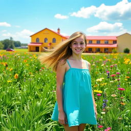 A teenage girl standing in a vibrant prairie, surrounded by an array of lush green plants and colorful wildflowers