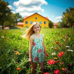 A teenage girl standing in a vibrant prairie, surrounded by an array of lush green plants and colorful wildflowers