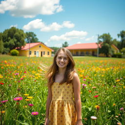 A teenage girl standing in a vibrant prairie, surrounded by an array of lush green plants and colorful wildflowers