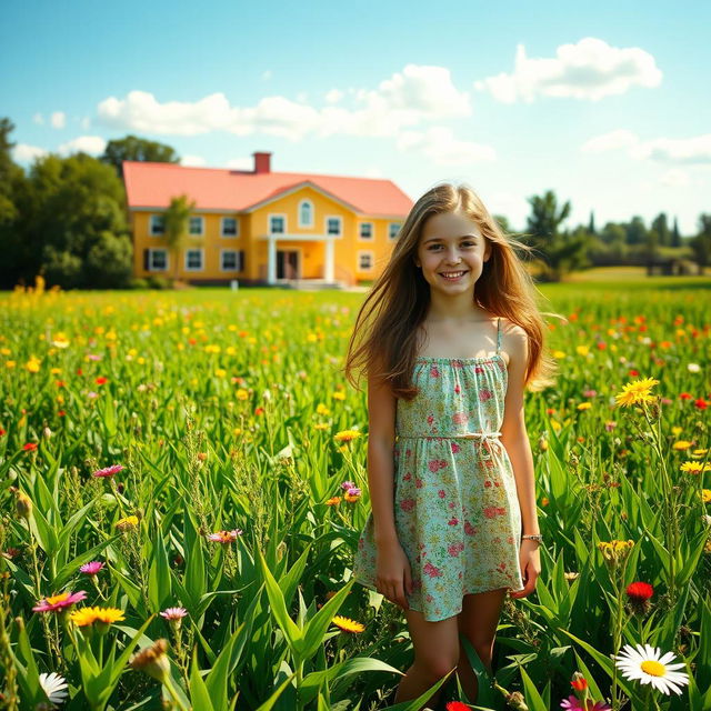 A teenage girl standing in a vibrant prairie, surrounded by an array of lush green plants and colorful wildflowers