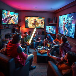 A vibrant and immersive scene depicting a multiplayer gaming session, featuring diverse characters engaged in an epic fantasy game