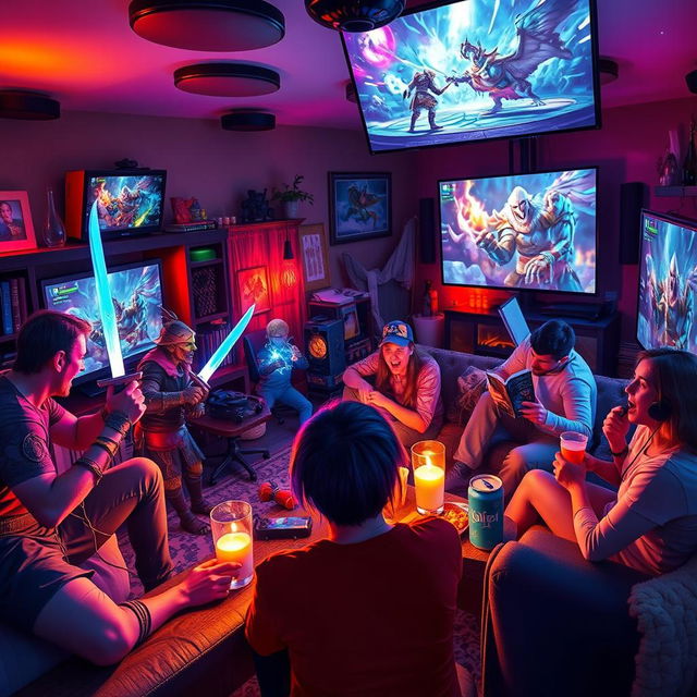 A vibrant and immersive scene depicting a multiplayer gaming session, featuring diverse characters engaged in an epic fantasy game