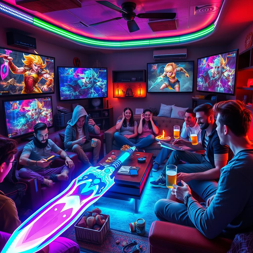 A vibrant and immersive scene depicting a multiplayer gaming session, featuring diverse characters engaged in an epic fantasy game