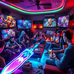 A vibrant and immersive scene depicting a multiplayer gaming session, featuring diverse characters engaged in an epic fantasy game