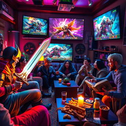 A vibrant and immersive scene depicting a multiplayer gaming session, featuring diverse characters engaged in an epic fantasy game