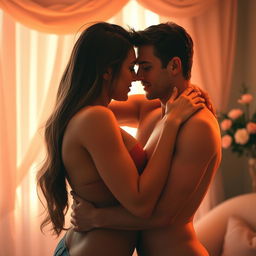 A sensual embrace between two lovers in a softly lit room, with warm colors illuminating their expressions of passion