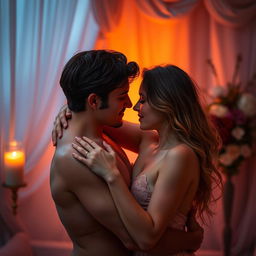 A sensual embrace between two lovers in a softly lit room, with warm colors illuminating their expressions of passion