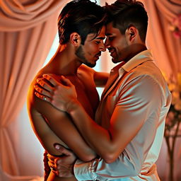 A sensual embrace between two lovers in a softly lit room, with warm colors illuminating their expressions of passion