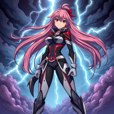 An anime-style illustration of a strong, confident girl with long flowing hair, featuring striking colors and sharp details