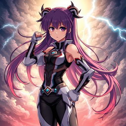 An anime-style illustration of a strong, confident girl with long flowing hair, featuring striking colors and sharp details