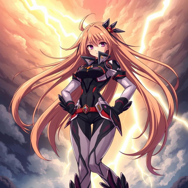 An anime-style illustration of a strong, confident girl with long flowing hair, featuring striking colors and sharp details