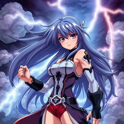 An anime-style illustration of a strong, confident girl with long flowing hair, featuring striking colors and sharp details
