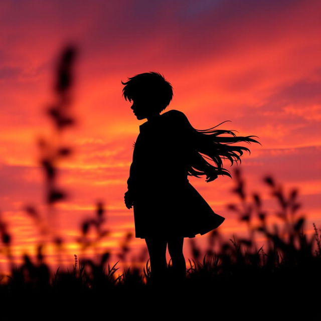 A captivating scene inspired by 'The Hidden Truths' by Grace Key and Sophia Kienow, showcasing dramatic silhouettes of a boy and a girl standing side by side against a vibrant sunset