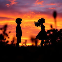 A captivating scene inspired by 'The Hidden Truths' by Grace Key and Sophia Kienow, showcasing dramatic silhouettes of a boy and a girl standing side by side against a vibrant sunset
