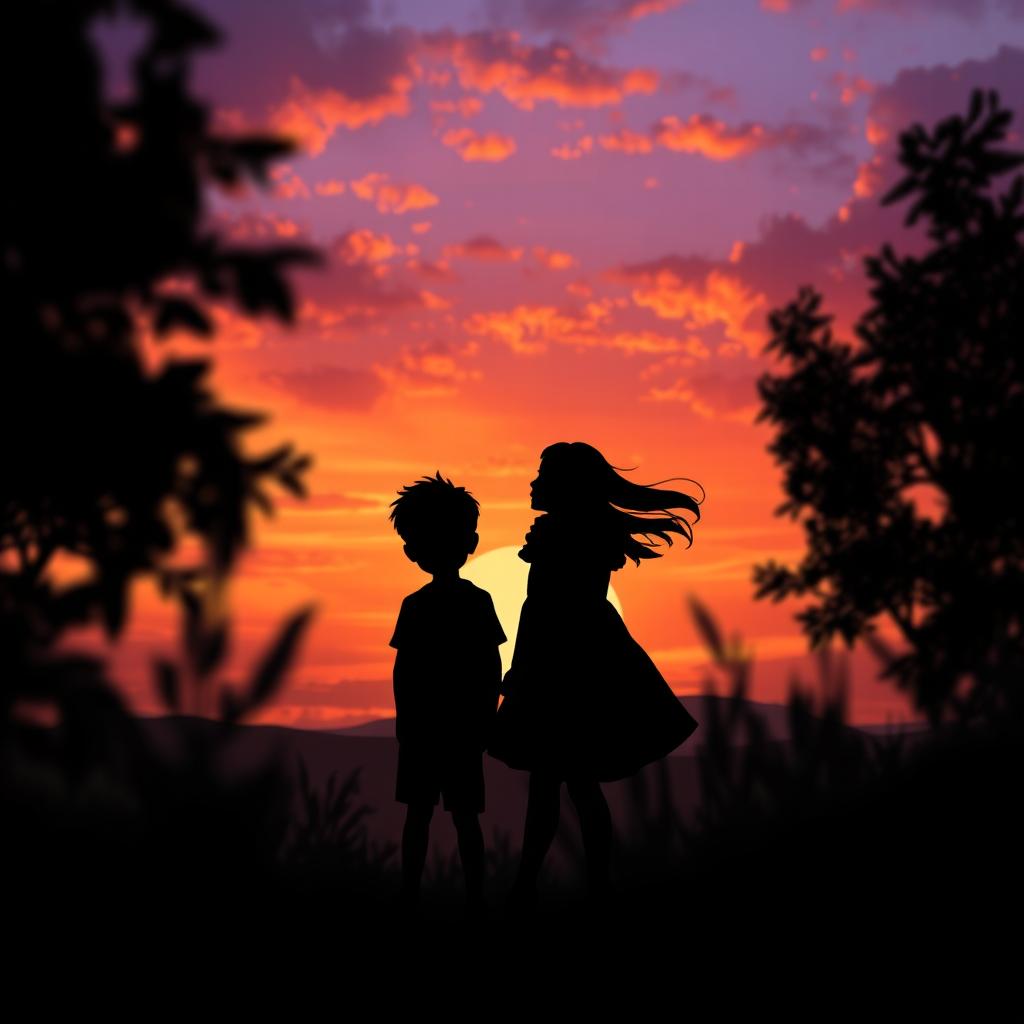 A captivating scene inspired by 'The Hidden Truths' by Grace Key and Sophia Kienow, showcasing dramatic silhouettes of a boy and a girl standing side by side against a vibrant sunset