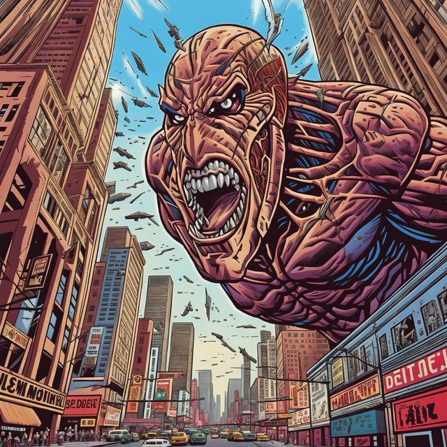 A colossal Titan from Attack on Titan enters the vibrant comic-style world of Marvel, causing an imminent clash between the grotesque intruder and Marvel heroes like Spider-Man, Iron Man, and Captain America