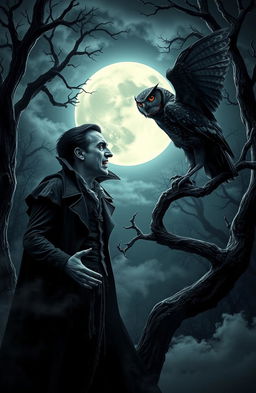 A dramatic scene featuring a cursed vampire and a cursed owl facing off in an eerie, moonlit forest