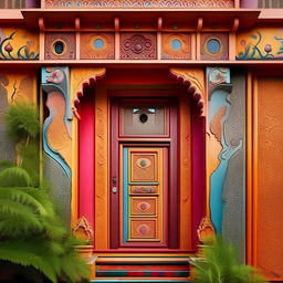 Generate an image of an Indian house exterior showcasing vibrant colors on the walls. Include intricate patterns and unique architectural elements specific to Indian culture.