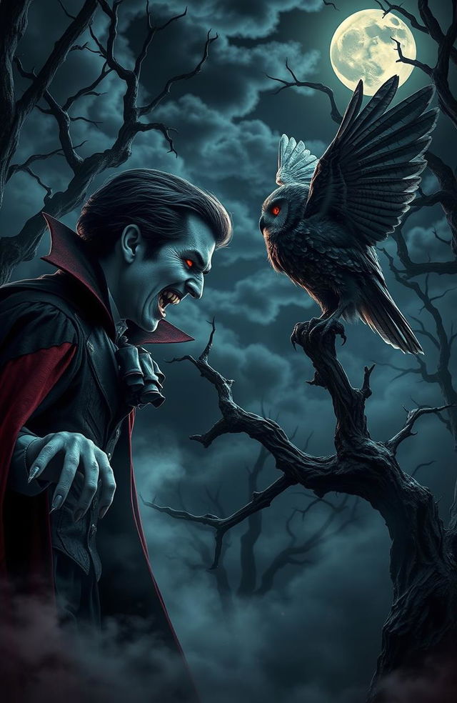 A dramatic scene featuring a cursed vampire and a cursed owl facing off in an eerie, moonlit forest